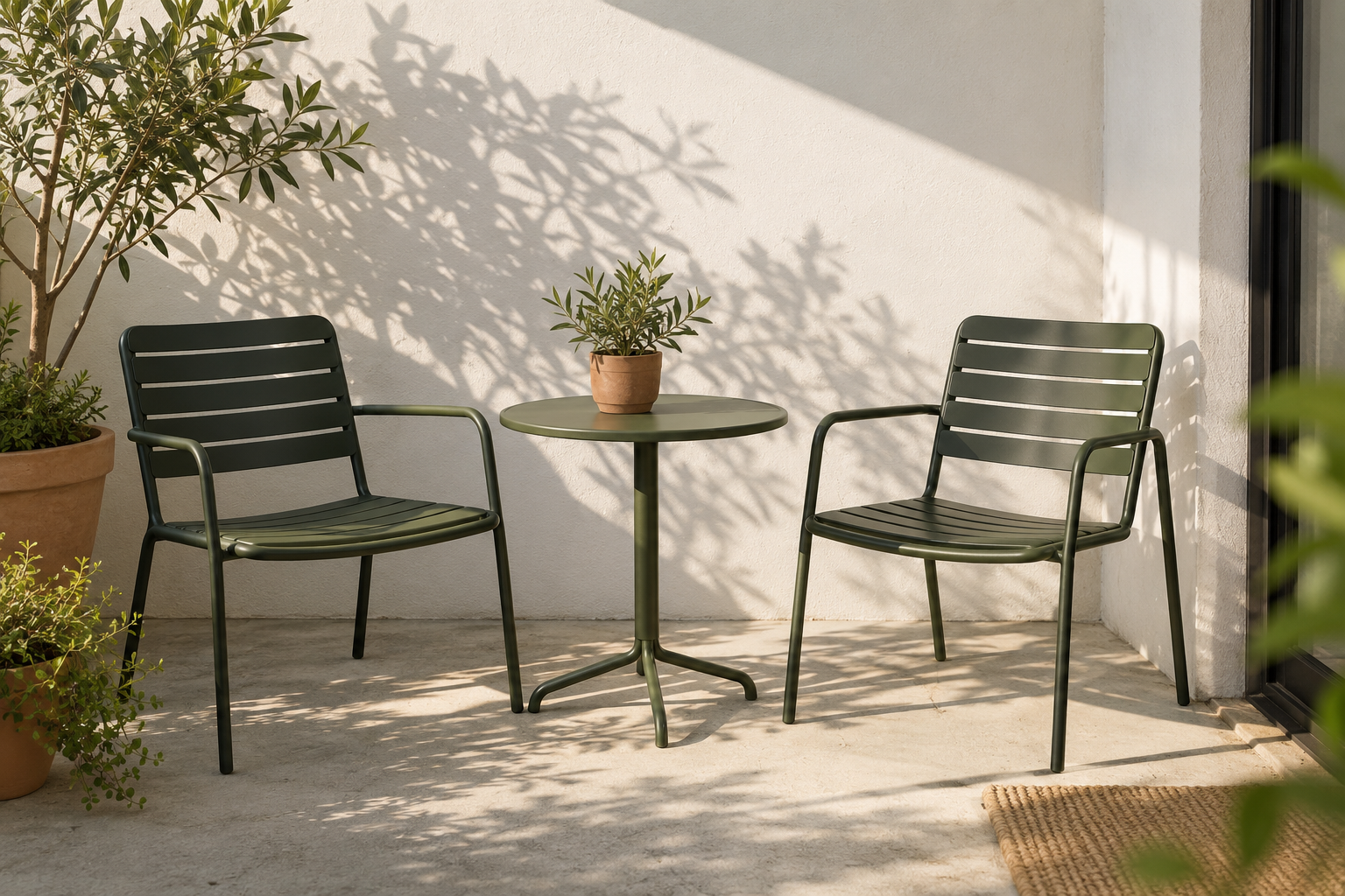 Two green chairs and a round table on a sunlit patio